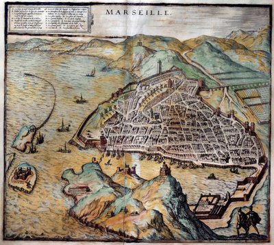 Kilátás Marseille városára utcatérképpel. Metszet az Atlas de Braun és Hogenbergből 1572 Marseille, Musee de la Marine alkotó: Georg Braun and Hogenberg Franz