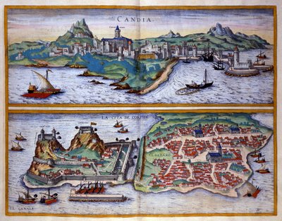 Candie kikötőjének (jelenlegi Heraklion) kilátása Krétán és Korfu kikötője Görögországban George Braun metszete „Civitatis Orbis Terrarum””” I. kötet, Franz Hogenberg (1535-1590) írása alkotó: Georg Braun and Hogenberg Franz