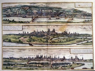 Három németországi város látképe: Heidelberg, Spire, Worms. Braun és Hogenberg atlasza. 1550. alkotó: Georg Braun and Hogenberg Franz