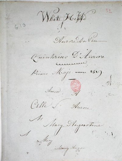 „White Hew”, Aurore Dupin jegyzetfüzetkéziratának címlapja az ő aláírásával, 1819. május (toll és tinta papíron) alkotó: George Sand