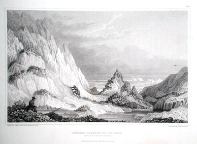 Jéghegy a jeges zátonyhoz tapadva, kilátással a tengerre, Sir John Franklin (1786-1847) „Narrative of Journey to the Shores of the Polar Sea in the Years 1819-22” című könyvéből, Edward Finden (1791-1857) metszetével megjelent 1823-28 (metszet) alkotó: George (after) Back