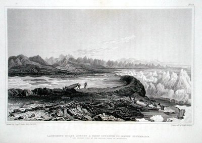 Csónakok vízre bocsátása a Conybeare-hegygel szemközti zátonyon Sir John Franklin (1786-1847) „Narrative of Journey to the Shores of the Polar Sea in the Years 1819-22” című művéből, amelyet Edward Finden (1791-1857) vésett, 1823-ban jelent meg. -28 (színe alkotó: George (after) Back