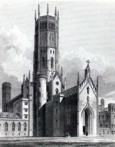 Fonthill Abbey északnyugatról, John Britton „A Fonthill Abbey grafikai és irodalmi illusztrációi”, J. Lambert metszet alkotó: George (after) Cattermole