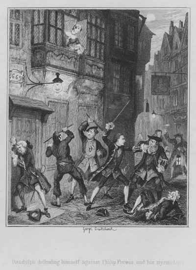 Randulph védekezik Philip Frewin és mirmidonjai ellen (metszet) alkotó: George (after) Cruikshank