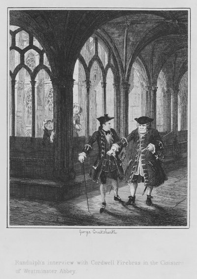 Randulph interjúja Cordwell Firebrasszal a Westminster Abbey kolostorában (metszet) alkotó: George (after) Cruikshank