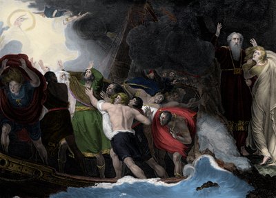 Prospero és Miranda, jobbra, a szigeten állnak, miközben a tengerészek hajótörést szenvednek alkotó: George (after) Romney