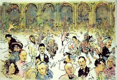 Híres arcok Florianuson kívül a Piazza San Marco-n, Velence, 1990 körül (gouache, farostlemez, tintával acetát fedőrétegen) alkotó: George Adamson