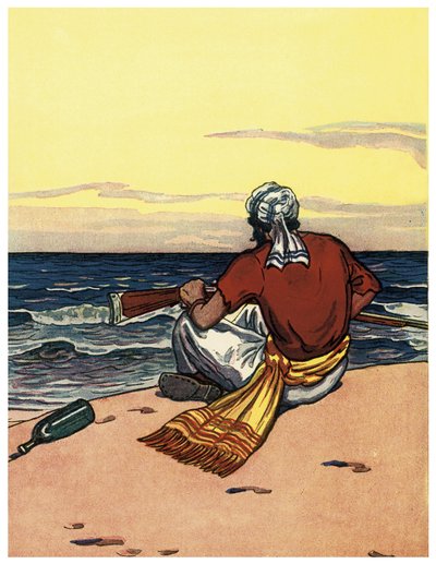 Egy elhagyatott szigeten elhagyó kalóz a horizontot nézi Illusztráció a „The Boys Books of Pirates” című művéből, George Albert Williams (1875-1932) 1914 alkotó: George Alfred Williams
