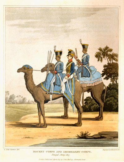 Rakétahadtest és Dromedár Hadtest, Bengáli Hadsereg, 1817, „Journal of a Route Across India and Through Egypt”, vésette R. Havell és fia, pub. Írta: John Murray, 1819 alkotó: George Augustus Fitzclarence