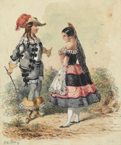 Cavalier és szobalány spanyol jelmezben alkotó: George Augustus Sala
