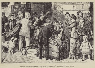 Vámhivatal tisztjei utasok poggyászát vizsgálják New Yorkban alkotó: George Augustus Sala