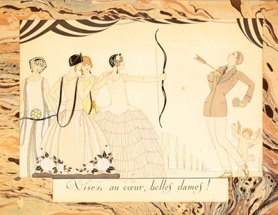 Célozzatok a szívet, kedves hölgyeim! A Le Bonheur du Jour vagy a Les Graces à la Mode, 1924-ből. alkotó: George Barbier