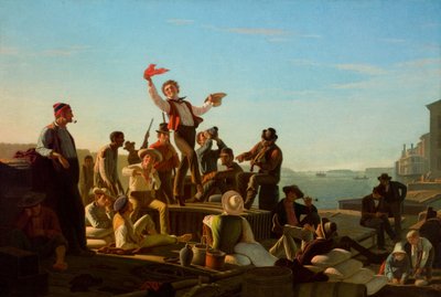 Jolly Flatboatmen a kikötőben alkotó: George Caleb Bingham