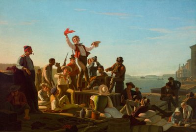 Jolly Flatboatmen a kikötőben alkotó: George Caleb Bingham
