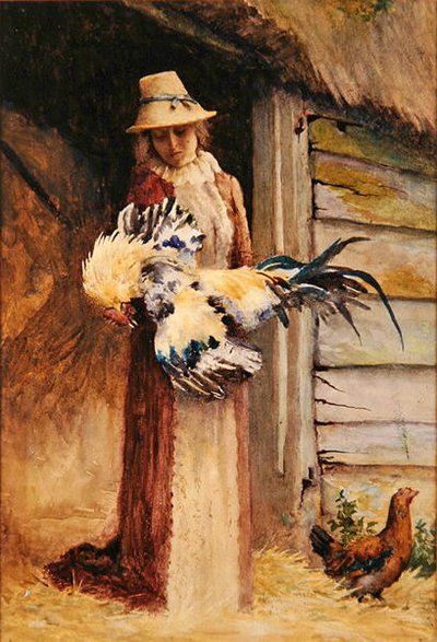 Egy nő, aki kakast tart (akvarell papíron) alkotó: George Carline