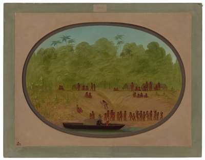 Egy omaguai falu – csónakvázlat alkotó: George Catlin