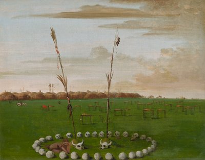 Mandan falu hátulnézete, a temetővel, 1832. alkotó: George Catlin