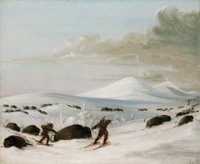 Bölényüldözés hófúvásban, indiánok üldözése hótalpakon alkotó: George Catlin