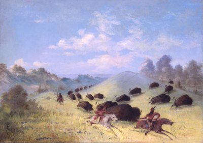 Bölényt üldöző komancs indiánok lándzsával és íjjal alkotó: George Catlin