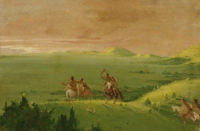 Comanche háborús párt, az ellenség felfedezésének és embereinek sürgetésének vezetője napkeltekor, 1834-1835. alkotó: George Catlin