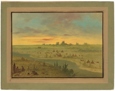 Pawnee indiánok táborozása naplementekor alkotó: George Catlin