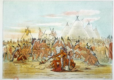 Amerika indiánjai: Assiniboin törzs, amely a sziúkra hasonlít, akik sípatáncot táncolnak. Illusztráció: George Catlin (1794-1872) alkotó: George Catlin