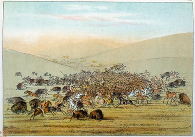 Amerika indiánjai: indián miniatűrök, akik lándzsával vadásznak bivalyra. Illusztráció: George Catlin (1794-1872) alkotó: George Catlin