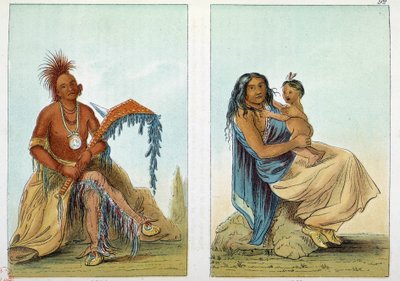 Amerika indiánjai: Portré az Osage egyik vezetőjéről, akit Clermont hív a feleségével és fiával. Illusztráció: George Catlin (1794-1872) alkotó: George Catlin