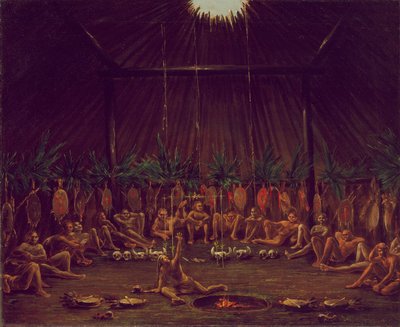 A Medicine Lodge belső nézete, Mandan O-kee-pa szertartás alkotó: George Catlin