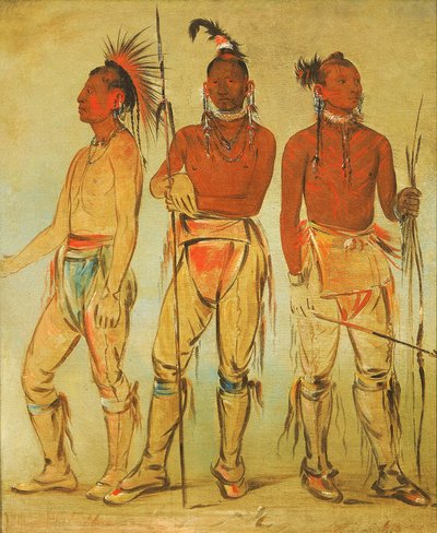 Mun-ne-pús-kee, Aki nem fél; Ko-ha-túnk-a, Nagy Varjú; és Nah-cóm-ee-shee, Az ágy embere, Három fiatal harcos. alkotó: George Catlin