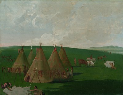 A Missouri felső folyásánál táborozó sziúk, bölényhús és köntösök öltöztetése alkotó: George Catlin