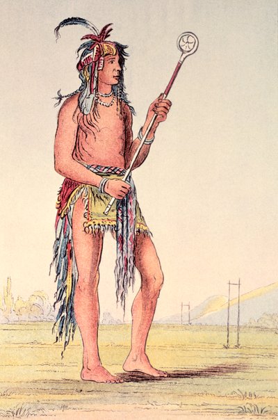 Ah-No-Je-Nange sziú labdajátékos, „Aki mindkét oldalon áll” (kézzel színezett litó) alkotó: George Catlin
