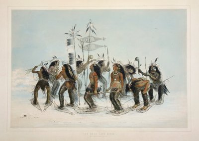 The Snow Shoe Dance, kocsma. 1845-ös színes litográfia. alkotó: George Catlin