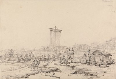 Tengerparti jelenet halászokkal és épületekkel, Makaó alkotó: George Chinnery