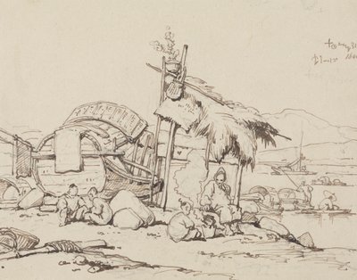 Öreg ember és gyerekek ülnek, főznek alkotó: George Chinnery