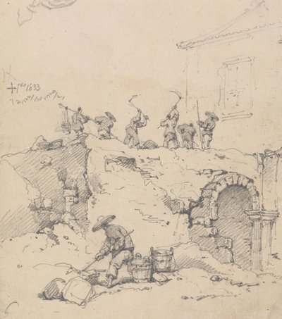 Munkások lerombolnak egy épületet alkotó: George Chinnery