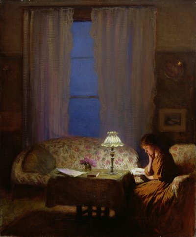 Olvasás lámpafénynél (Alkonyat: Belső) (olaj, vászon) alkotó: George Clausen