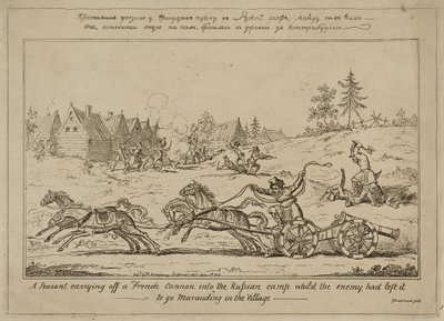 Egy paraszt, aki egy francia ágyút vitt be az orosz táborba, miközben az ellenség elhagyta, hogy portyázzon a faluban, 1813. június 8-án alkotó: George Cruikshank