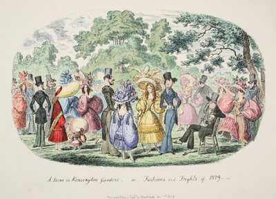 Jelenet a Kensington Gardensben – avagy – 1829 divatjai és félelmei, kocsma. 1829 (kézzel színezett metszet) alkotó: George Cruikshank