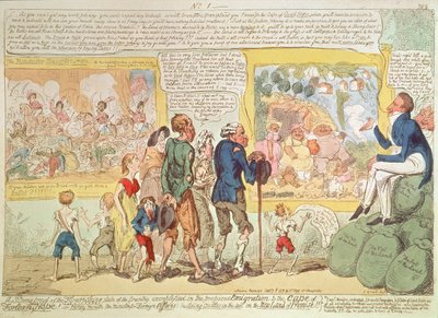 "Az ország virágzó állapotának erős bizonyítéka a Jóreménység-fokára tervezett kivándorlás példája!" alkotó: George Cruikshank
