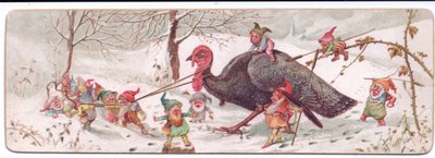 Viktoriánus karácsonyi üdvözlőlap egy csoport rosszindulatú elfekről, akik egy elfogott pulykát vezetnek, 1895 körül (színes litó) alkotó: George Cruikshank