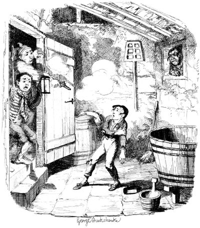 Egy férfi lelő egy fiatal fiút, akit lopással gyanúsít, XIX. alkotó: George Cruikshank