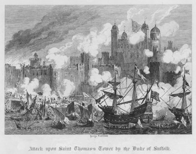 Suffolk hercegének támadása a Szent Tamás-torony ellen (metszet) alkotó: George Cruikshank