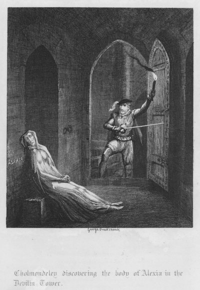 Cholmondeley felfedezi Alexia holttestét az Ördögtoronyban (metszet) alkotó: George Cruikshank