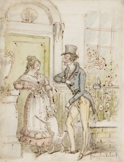 Udvarlás, 1835 körül (toll, ecset, tinta és WC papíron) alkotó: George Cruikshank