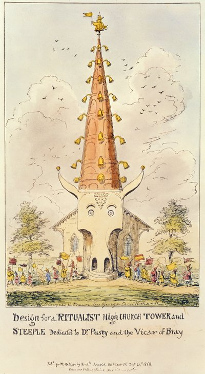 Ritualista Magastemplom-torony és -torony terve, Dr. Puseynek és Bray helytartójának szentelve, 1868 (nyomtatás) alkotó: George Cruikshank