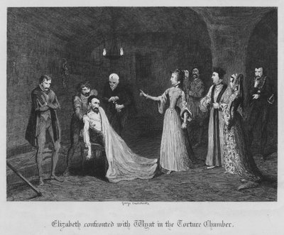 Erzsébet szembekerült Wyattal a kínzókamrában (metszet) alkotó: George Cruikshank