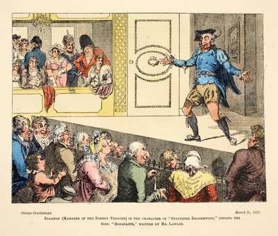 Elliston (a Surrey Színház menedzsere) „Sylvester Daggerwood” karakterében, aki a „Bonaparte” című dalt énekli, amelyet Mr Lawler írt, pub. 1811 (kézzel színezett metszet) alkotó: George Cruikshank