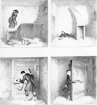 1. számú menekülés, W. H. Ainsworth "Jack Sheppard" című művéből, 1839-ben jelent meg. alkotó: George Cruikshank