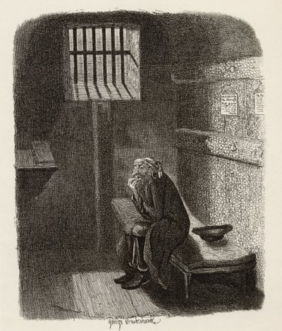 Fagin az elítélt cellában, Charles Dickens (1812-70) „The Adventures of Twist” című könyvéből, 1838, Chapman und Hall, 1901 (metszet) alkotó: George Cruikshank